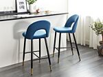 Set Of 2 Bar Chairs Blue Velvet Black Steel Retro Design Golden Ends Dining Room Beliani