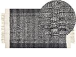 Area Rug Black And Off-white Wool 80 X 150 Cm Rectangular Hand Woven With Tassels Modern Design Beliani