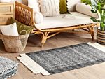 Area Rug Black And Off-white Wool 80 X 150 Cm Rectangular Hand Woven With Tassels Modern Design Beliani