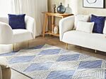 Area Rug Light Beige And Blue Wool Polyester 140 X 200 Cm Hand Woven Geometric Pattern Boho Living Room Bedroom Beliani