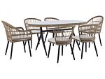 Garden Dining Set Beige Faux Pe Rattan 6 Seater Seat Pads Glass Tabletop Beliani