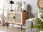 2 Door Sideboard Light Wood Natural Rattan Front 72 X 80 Cm Metal Leg Boho Style Wicker Cabinet Beliani