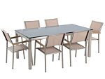 Garden Dining Set Beige With Black Glass Table Top 6 Seats 180 X 90 Cm Beliani