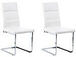Set Of 2 Dining Chairs White Faux Leather Upholstered Cantilever Silver Legs Armless Modern Design Beliani