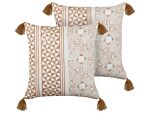 Set Of 2 Scatter Cushions Light Brown And White 45 X 45 Cm Hand Block Print Removable Covers Zipper Aztec Pattern Beliani