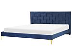 Upholstered Bed Frame Navy Blue Velvet Eu Super King Size 180x200 Cm 6ft Headboard Golden Legs Beliani