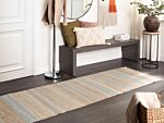 Runner Rug Beige And Light Blue Jute 80 X 300 Cm Rectangular With Tassels Striped Pattern Handwoven Boho Style Hallway Beliani