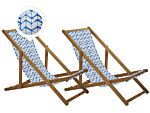 Set Of 2 Garden Deck Chairs Light Acacia Wood Frame White And Blue Replacement Fabric Hammock Seat Reclining Folding Sun Lounger Beliani