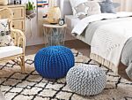 Pouf Ottoman Blue Knitted Cotton Eps Beads Filling Round Small Footstool 50 X 35 Cm Beliani