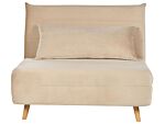 Small Sofa Bed Beige Velvet Fabric Wooden Legs 1 Seater Fold-out Sleeper Armless With Cushion Scandinavian Modern Design Beliani