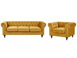 Chesterfield Living Room Set Mustard Yellow Velvet Upholstery Black Legs 3 Seater Sofa + Armchair Beliani