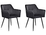 Set Of 2 Dining Chairs Black Velvet Upholstered Seat With Armrests Black Metal Legs Beliani