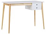 Home Office Desk White And Light Wood Legs 106 X 48 Cm With Drawer Retro Beliani