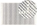 Area Rug Grey And White Wool Cotton 160 X 230 Cm Hand Woven Flat Weave With Tassels Geometric Pattern Beliani