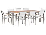 Garden Dining Set Light Eucalyptus Wood Top Steel Frame 220 X 100 Cm With 8 White Chairs Beliani