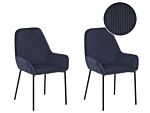 Set Of 2 Dining Room Chairs Blue Corduroy Fabric Upholstered Seat Black Metal Legs Modern Style Beliani