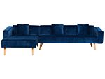 Corner Sofa Bed With 3 Pillows Blue Velvet Upholstery Light Wood Legs Reclining Right Hand Chaise Longue 4 Seater Beliani