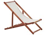 Garden Deck Chair Off-white Fabric Seat Dark Acacia Wood Frame Reclining Folding Sun Lounger Beliani