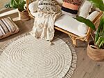 Round Area Rug Beige Cotton ⌀ 140 Cm Tufted With Fringe Pattern Boho Living Room Bedroom Beliani