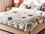 Blanket Beige And Orange Cotton 130 X 180 Cm Handmade Embrioidery Bed Throw Cosy Geometricpattern With Tassels Beliani