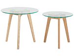 Nest Of 2 Tables Transparent Round Glass Top 3 Light Wood Legs Scandinavian Minimalistic Beliani