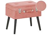 Stool With Storage Pink Corduroy Upholstered Black Legs Suitcase Design Buttoned Top Beliani