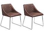 Set Of 2 Dining Chairs Brown Fabric Chromed Metal Legs Modern Beliani