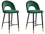 Set Of 2 Bar Chairs Emerald Green Velvet Black Steel Retro Design Golden Ends Dining Room Beliani