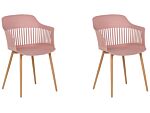 Set Of 2 Dining Chairs Pink Synthetic Material Metal Legs Open Work Backrest Modern Living Room Beliani