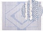 Rug Off-white Blue Cotton Wool 160 X 230 Cm Geometric Pattern Runes Tribal Tassels Oriental Beliani