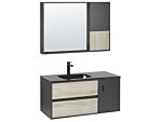 4 Piece Bathroom Furniture Set Black Mdf 100 Cm Cabinet Ceramic Basin Hanging Cabinet With Mirror Beliani