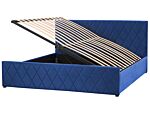 Storage Bed Blue Velvet Upholstery Eu Super King 6ft With Slatted Base Diamond-tufted Headboard Beliani