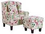 Armchair With Footstool Cream Floral Pattern Fabric Wooden Legs Wingback Style Beliani