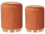 Set Of 2 Storage Pouffes Orange Polyester Velvet Upholstery Gold Base Modern Design Horizontal Tuft Living Room Accent Piece Beliani