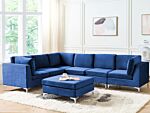 Right Hand Modular Corner Sofa Blue Velvet 6 Seater With Ottoman L-shaped Silver Metal Legs Glamour Style Beliani