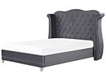 Eu Super King Size Bed Grey Velvet 6ft Slatted Base Button Tufted Headboard Nailhead Trim Beliani