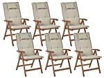 Set Of 6 Garden Chair Dark Acacia Wood Natural With Taupe Cushions Adjustable Foldable Outdoor With Armrests Country Rustic Style Beliani
