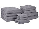 Set Of 11 Towels Grey Cotton Low Twist Guest Hand Bath Towel Bath Sheet And Bath Mat Beliani