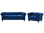 Chesterfield Living Room Set Blue Velvet Fabric Upholstery Dark Wood Legs 3 Seater Sofa + Armchair Contemporary Beliani