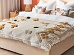 Blanket Beige And Yellow Cotton 130 X 180 Cm Bed Throw Abstract Pattern Fringes Bedroom Living Room Beliani