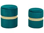 Set Of 2 Pouffes Cream Teal Green Velvet Rattan Bands Modern Boho Internal Storage Living Room Bedroom Beliani