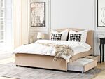 Bed Frame Beige Polyester Upholstered Drawer Storage 6ft Eu Super King Size Traditional Design Beliani