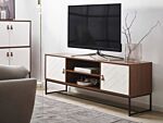 Tv Stand Dark Wood With White Metal Legs Rectangular For Up To 75ʺ Tv Media Unit With Shelves Doors Cable Management Living Room Furniture Beliani