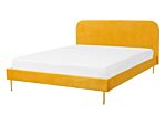 Bed Yellow Velvet Upholstery Eu Double Size Golden Legs Headboard Slatted Frame 4.6 Ft Minimalist Design Beliani