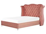 Bed Frame Pink Velvet Eu King Size 5ft3 Slatted Base Button Tufted Headboard Nailhead Trim Beliani