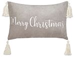 Scatter Cushion Grey Cotton Velvet 30 X 50 Cm Christmas Motif Caption With Tassels Accessories Festive Decor Beliani