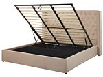 Bed Frame With Storage Beige Velvet Upholstered 6ft Eu Super King Size High Headboard Beliani