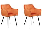 Set Of 2 Dining Chairs Orange Beige Velvet Upholstered Seat With Armrests Black Metal Legs Beliani