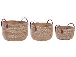 Set Of 3 Storage Baskets Natural Seagrass With Pu Leather Handles Boho Style Beliani