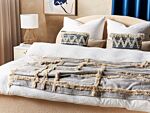 Blanket Grey And Beige Cotton 130 X 180 Cm Handmade Embrioidery Bed Throw Cosy Geometricpattern With Tassels Beliani